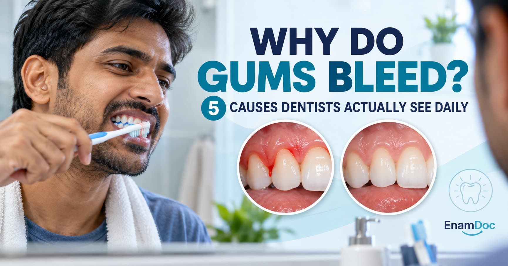 Person brushing their teeth beside close-up images comparing bleeding, inflamed gums with healthy gums.